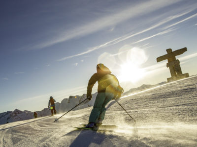 Skiers enjoy a groomed trail called Inukshuk in Whistler Blackco